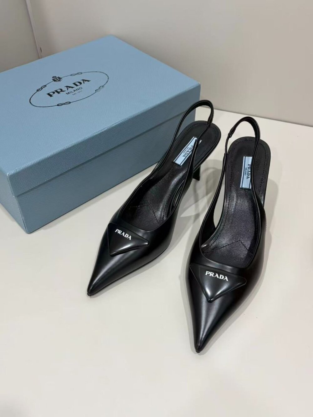 Prada Black Patent Leather Pointed Toe Slingback Kitten Heels